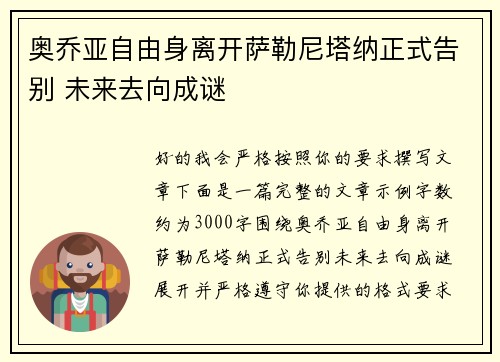 奥乔亚自由身离开萨勒尼塔纳正式告别 未来去向成谜