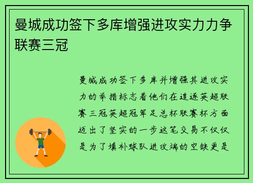 曼城成功签下多库增强进攻实力力争联赛三冠